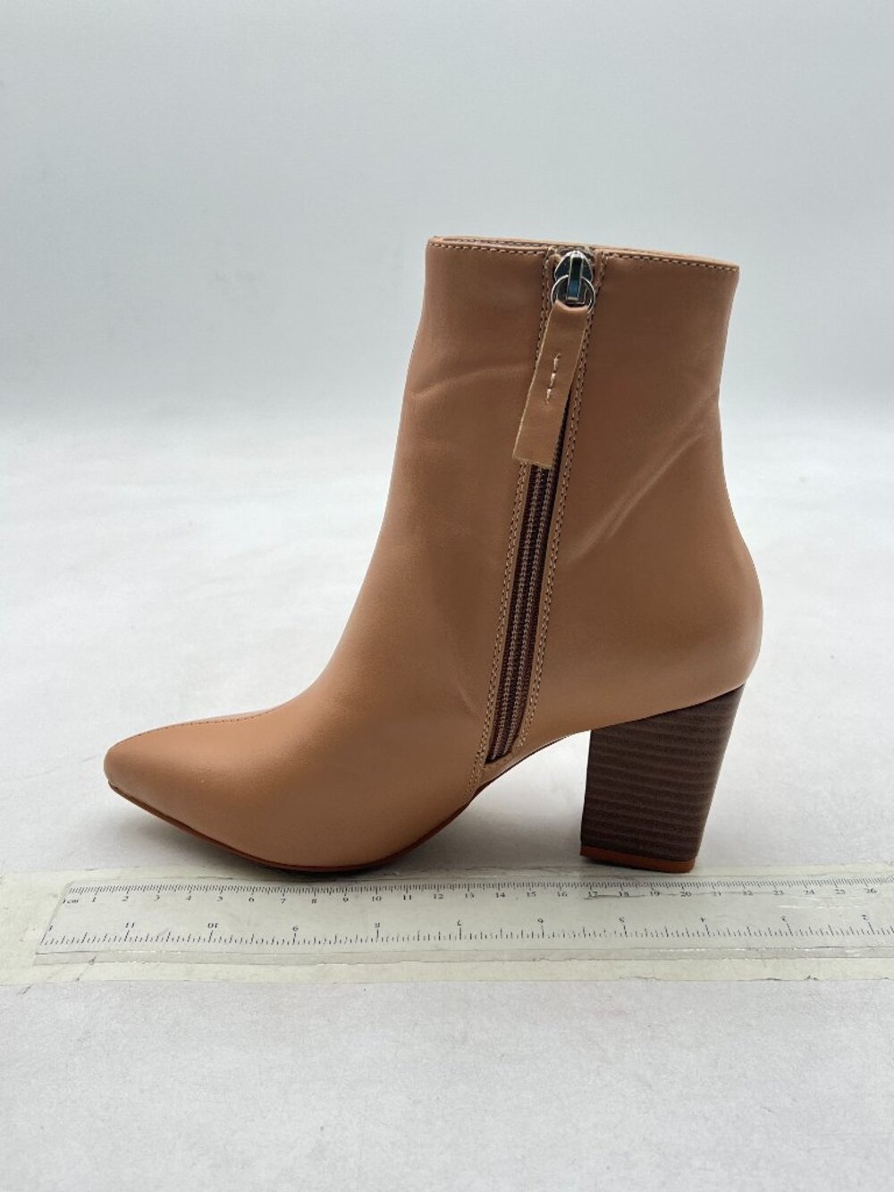 Light Tan Women Dressy Chunky Heel Ankle Boots Pointed Toe Booties with Zips